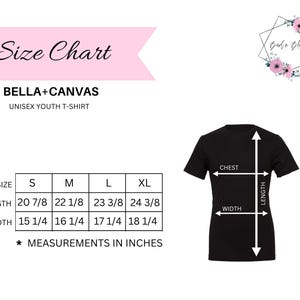 May include: Size chart for Bella + Canvas unisex youth t-shirts. The chart shows measurements in inches for sizes S, M, L, and XL. Measurements include length and width.