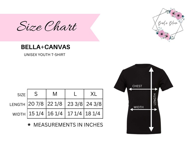 May include: Size chart for Bella + Canvas unisex youth t-shirts. The chart shows measurements in inches for sizes S, M, L, and XL. Measurements include length and width.