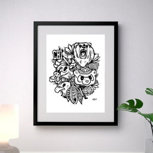 Chicago Mascots Black and White Art Print, Poster -  Wall Home Decor, Blackhawks, Bears, Sox, Cubs, Bulls, Chicago Gift, Boyfriend Gift