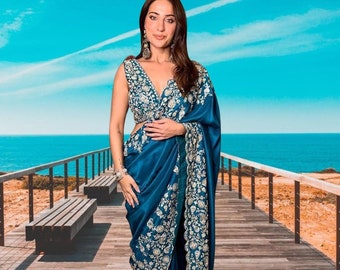 Pleated Rangoli Silk Saree with Embroidered Blouse: Indian Wedding Wear