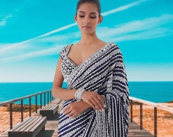 Blue Color Made Ready to Wear Wrap In A Minute Pleated Saree Paired With Custom Stitch Blouse, Indian Wedding Traditional Saree Blouse Top
