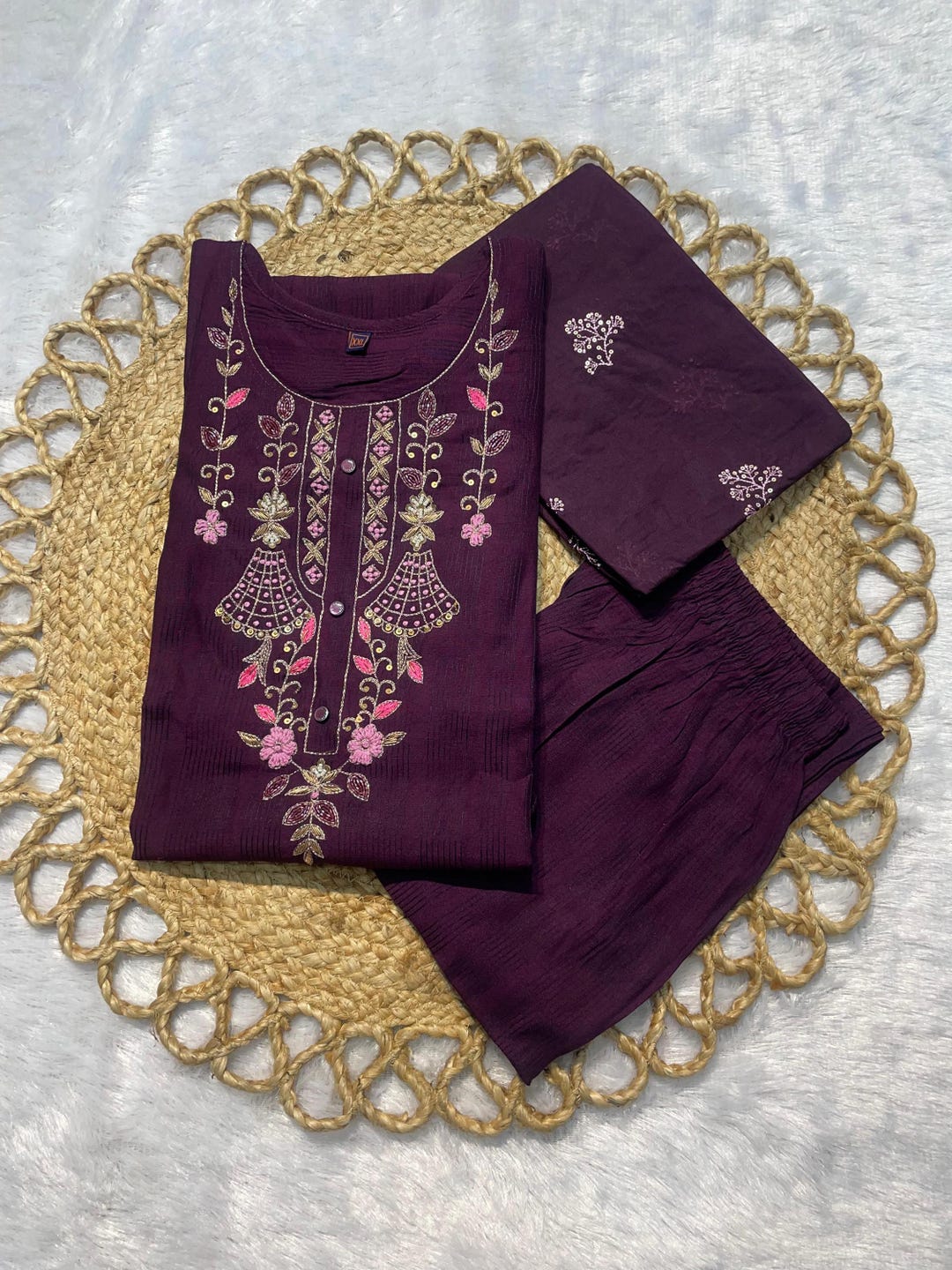 Wine Color Handwork Embroidered Women's Kurta Set With Chanderi Silk ...