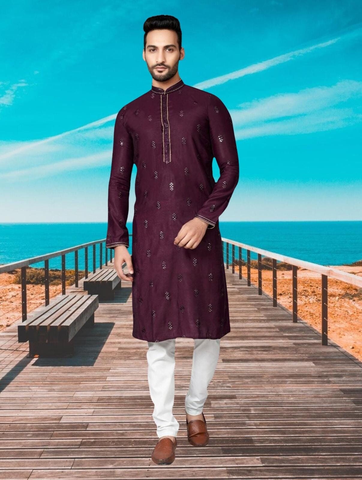 Custom Made Men Embroidery Kurta , 100% Cotton Green Kurta For Men