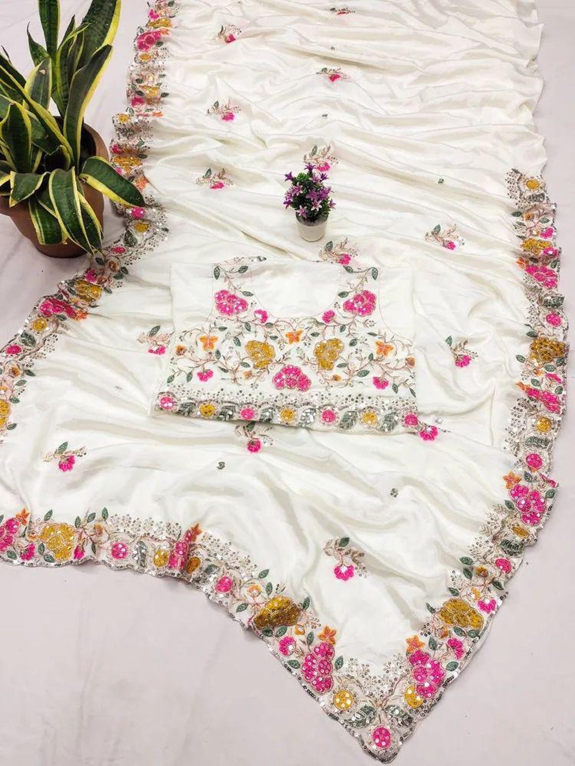 Sequin Embroidered Wrap Blouse with Plain Pre-Draped Saree