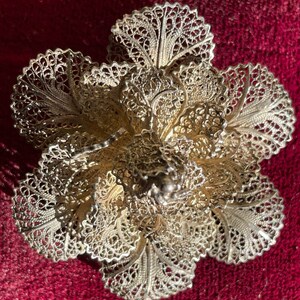 Portuguese 925 Silver Filagree Flower Brooch image 2