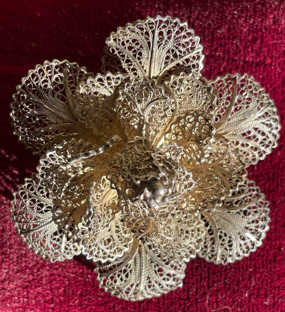 Portuguese 925 Silver Filagree Flower Brooch - image 2