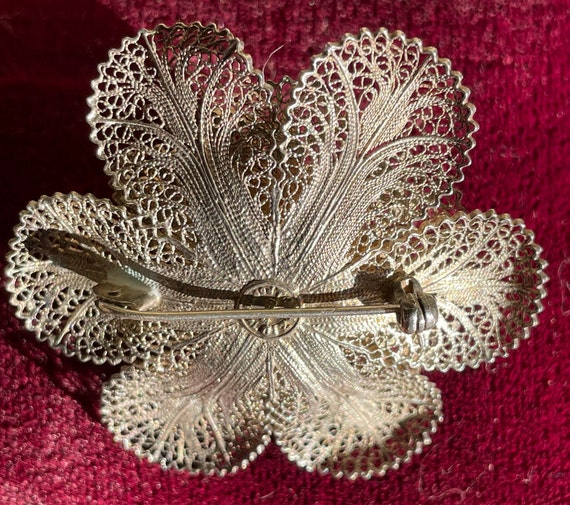 Portuguese 925 Silver Filagree Flower Brooch - image 3