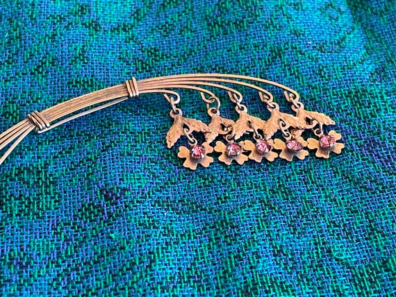 Gold Washed Brooch Accented with Hanging Pink Rhi… - image 2