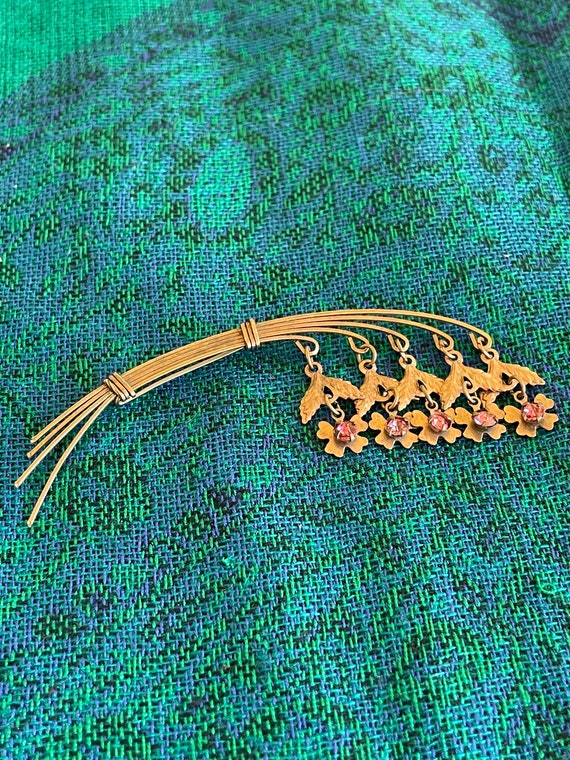 Gold Washed Brooch Accented with Hanging Pink Rhi… - image 3