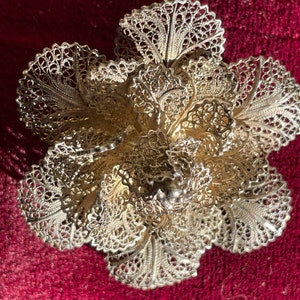 Portuguese 925 Silver Filagree Flower Brooch image 1