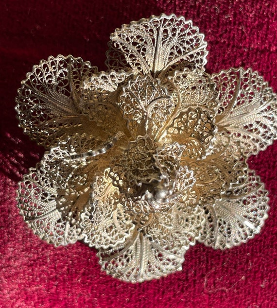 Portuguese 925 Silver Filagree Flower Brooch - image 1