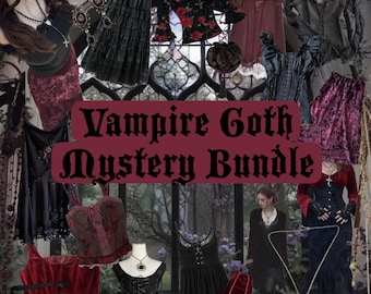 Pode incluir: Uma coleção de roupas e acessórios escuros, incluindo saias de renda preta e bordô, tops tipo espartilho, vestidos de veludo, blusas florais e joias góticas. A imagem apresenta o texto Vampire Goth Mystery Bundle em uma fonte escura.