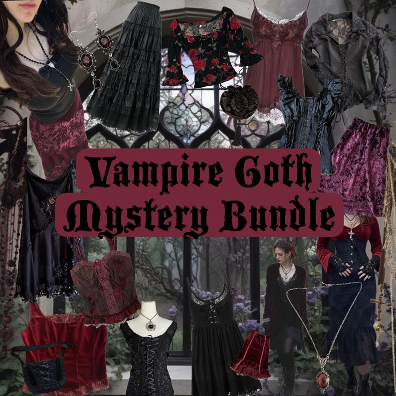 May include: An assortment of gothic fashion items, including skirts, tops, corsets, and necklaces. The image showcases a range of dark colours like black, red, and burgundy, with lace and floral designs. The text "Vampire Goth Mystery Bundle" is prominently displayed.