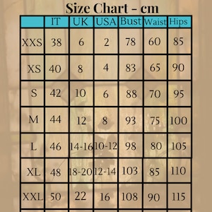 May include: A size chart showing measurements in centimetres, with columns for Italian, UK, and USA sizes, plus bust, waist, and hip measurements. Sizes range from XXS to XXL.