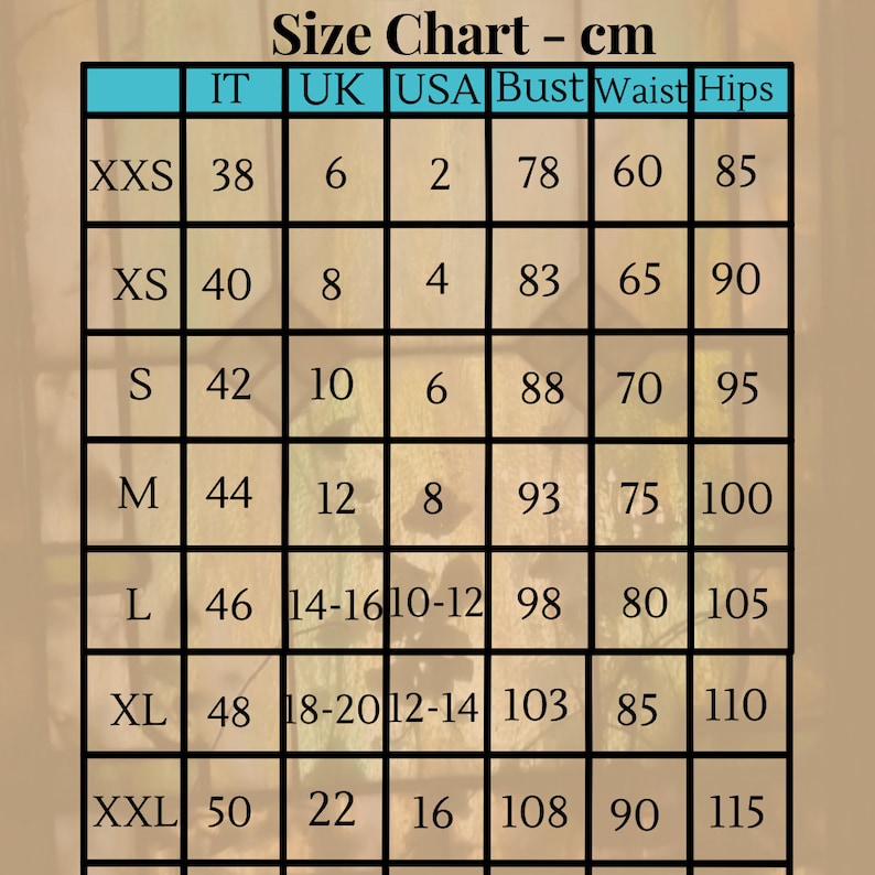 May include: A size chart showing measurements in centimetres, with columns for Italian, UK, and USA sizes, plus bust, waist, and hip measurements. Sizes range from XXS to XXL.