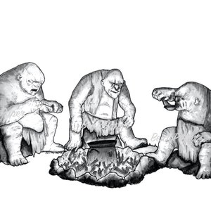 May include: Three gray, humanoid figures sit around a campfire. The figure in the center is stirring a pot over the fire. The figure on the right is holding a bowl and drinking from it. The figure on the left is holding a small object in their hand.