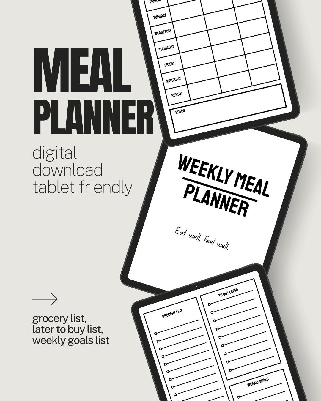 Minimalist Weekly Meal Planner Printable: Grocery List & Goals (digital ...