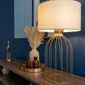 Modern Metal Cage Table Lamp, Fabric Shade, E27 Socket (17.7 in Height)