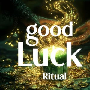 May include: An image with the words "good luck" and "ritual" overlaid on a scene of gold coins, a green candle, and sparkling light. The scene suggests a ritual for good fortune, with a focus on wealth and positive energy.