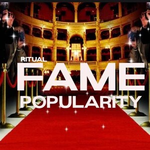 Op de afbeelding: Een rode loper leidt naar een groot theater met de woorden "RITUAL FAME POPULARITY" in het wit. Fotografen met camera's staan aan weerszijden van de loper, met een gouden paal en rood touw links.