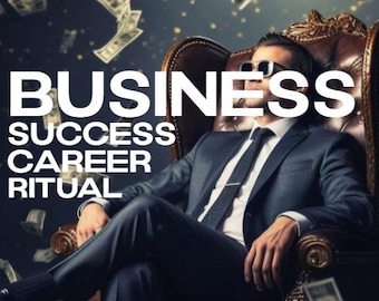 May include: A man in a dark suit and sunglasses sits in a luxurious brown leather chair with money falling around him. The words "BUSINESS SUCCESS CAREER RITUAL" are in white block letters.