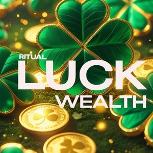 以下が含まれることがあります： 緑のクローバーと金貨が緑の背景に散りばめられた画像です。「LUCK」の文字が白で大きく表示され、その下に「WEALTH」と書かれています。「RITUAL」の文字は「LUCK」の上にあります。