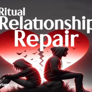 Könnte beinhalten: Das Bild zeigt den Text "Ritual Relationship Repair" über einem zerbrochenen roten Herzen. Zwei Personen in Kapuzenpullovern sitzen Rücken an Rücken und symbolisieren Trennung. Der Hintergrund ist dunkel mit Vögeln, was ein Thema der Heilung und Erneuerung suggeriert.