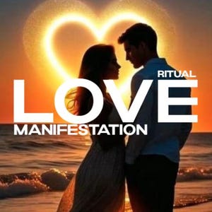 May include: Image of a couple silhouetted against a sunset with a heart-shaped light. The word "LOVE" is prominently displayed, with "MANIFESTATION" below it. "RITUAL" is written above the man's head. The scene evokes romance and spirituality.