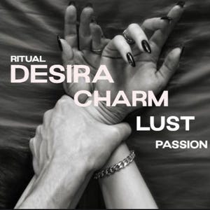 May include: Black and white image featuring two hands intertwined. One hand is adorned with a silver bracelet and rings, with long, dark fingernails. The words "RITUAL DESIRA CHARM LUST PASSION" are displayed.