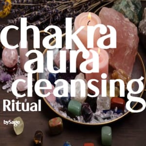 May include: A collection of crystals and gemstones arranged on a brass tray, with two lit pink candles and a large rose quartz crystal. The text reads "Chakra aura cleansing Ritual".