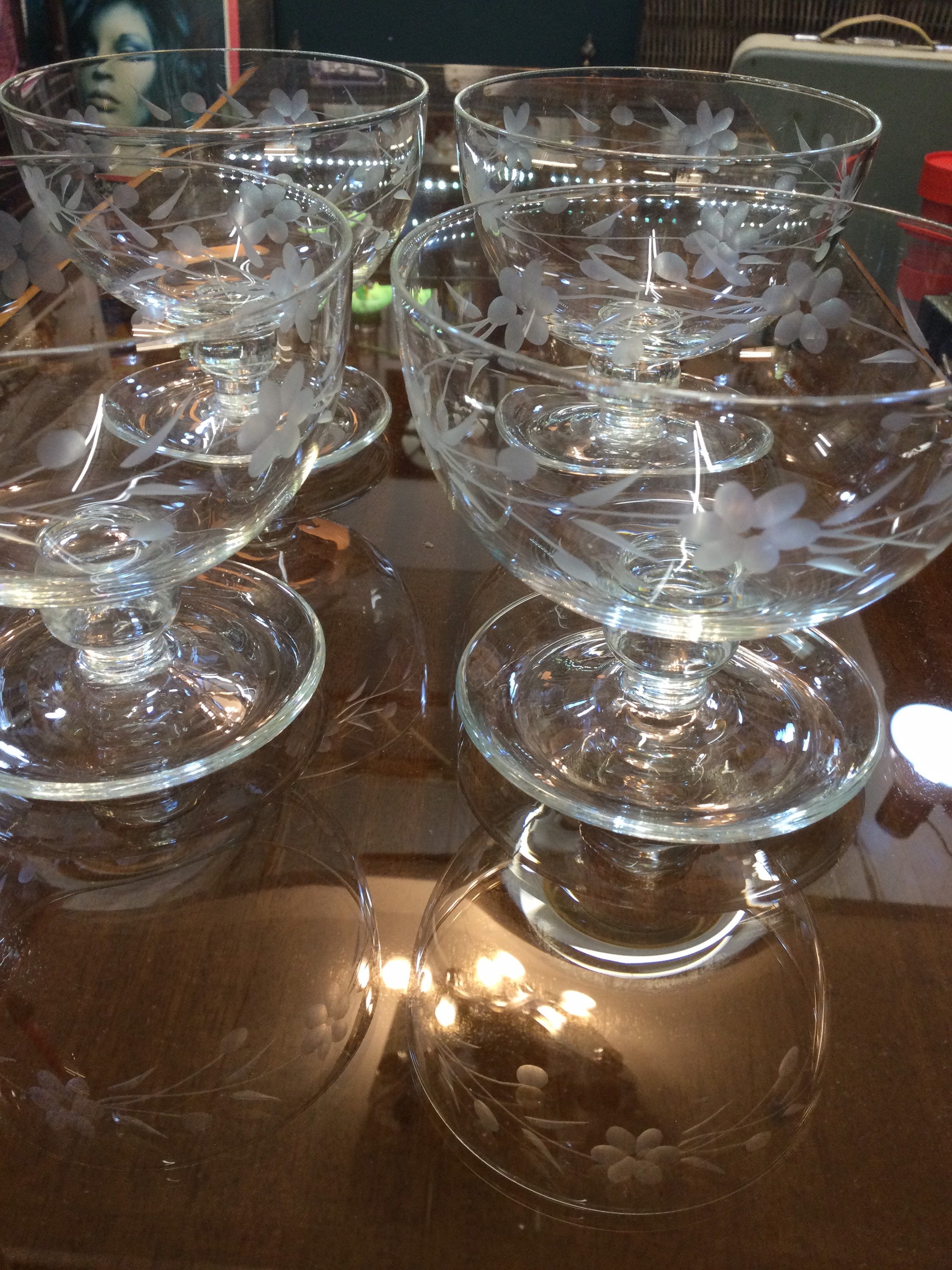 Antique Glass Sunday Dishes Hand Blown With Wheel Cut Floral Decoration , Antique Dinnerware