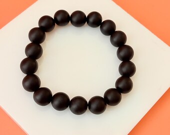 Black Agate Stretch Bracelet | Smooth Round Gemstone Beads