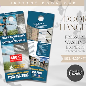 Front & Back Pressure Washing Door Hanger Template, Exterior Cleaning Experts, Power Washing, Fully Customize Door Hanger Canva Template
