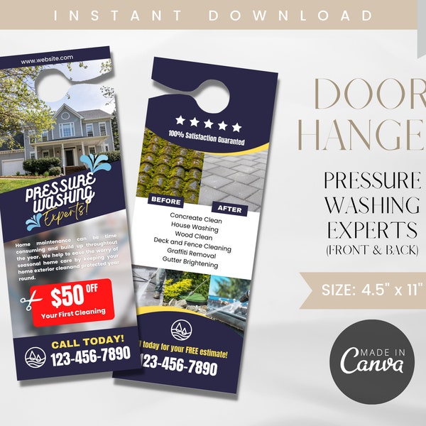 Front & Back Pressure Washing Door Hanger Template, Exterior Cleaning Experts, Roof Washing, Fully Customize Door Hanger Canva Template