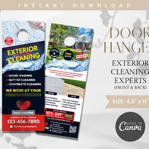 Front & Back Exterior Cleaning Door Hanger Template, Pressure Washing Experts, Roof Washing, Fully Customize Canva Template, Door Hanger