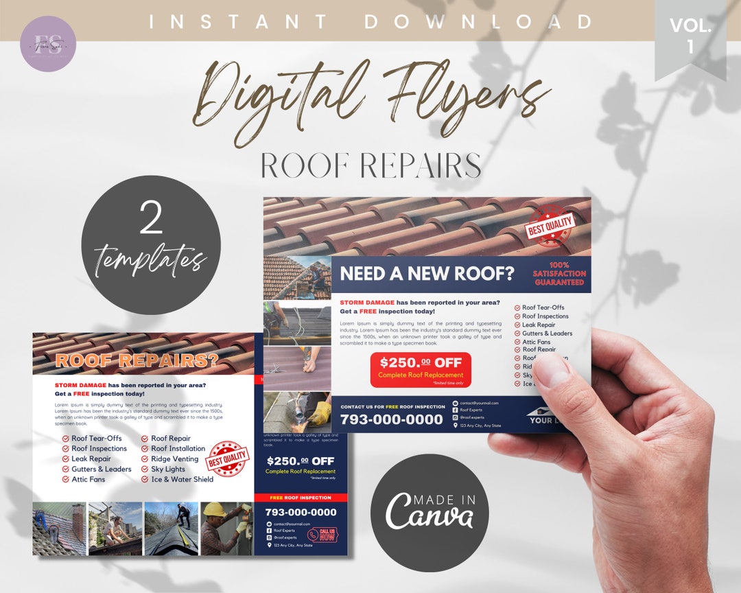 2 Roof Repairs Digital Flyer Template, Roof Repairs Experts, Roofing
