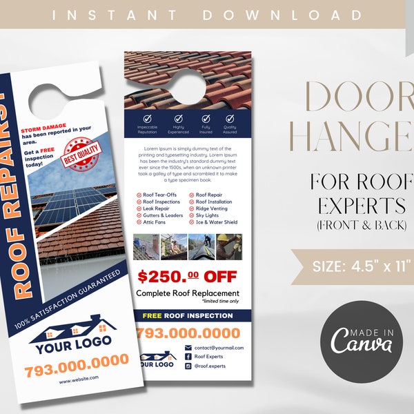 Roofing Business Door Hanger Canva Template, Roof Specialists Door Hanger, Door Hanger Template, Fully Customize Door Hanger Canva Template