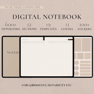 Landscape Digital Notebook Boho, Hyperlinked Tabs, Note Templates for iPad GoodNotes Notability Notebook, Digital Notetaking Bonus stickers