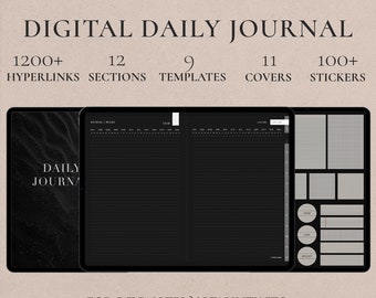 Dual Page Daily Journal Dark Mode Hyperlinked Tabs Note Templates for iPad GoodNotes Notability Notebook, Digital Journaling Bonus stickers