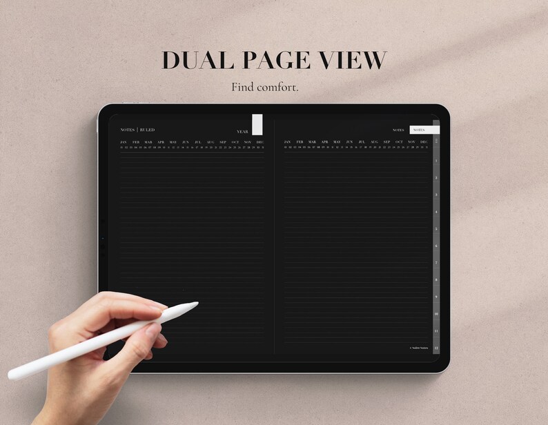 Landscape Digital Notebook in Dark Mode, Hyperlinked Tabs, Note ...