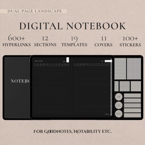 Landscape Digital Notebook in Dark Mode, Hyperlinked Tabs, Note Templates for iPad GoodNotes Notability Notebook, Digital Notetaking Minimal
