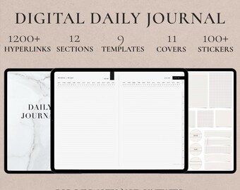 Dual Page Daily Journal B&W Hyperlinked Tabs Note Templates for iPad GoodNotes Notability Notebook, Digital Journaling, Bonus stickers