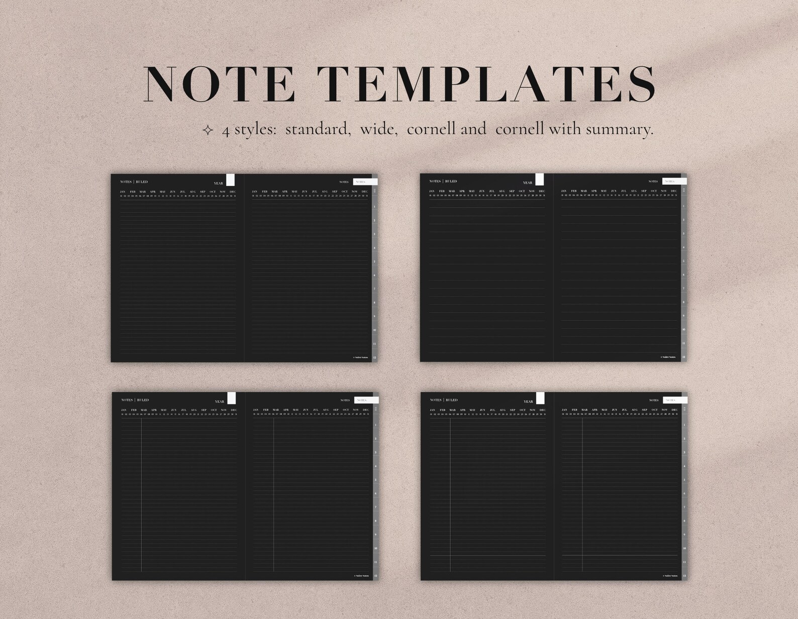 Landscape Digital Notebook in Dark Mode, Hyperlinked Tabs, Note ...