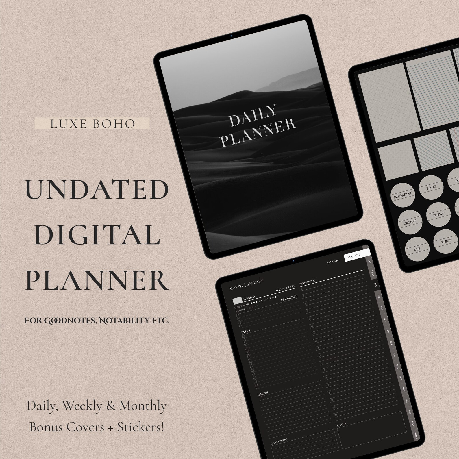 Daily Digital Planner for Goodnotes Notability, Luxe Dark Mode Daily ...