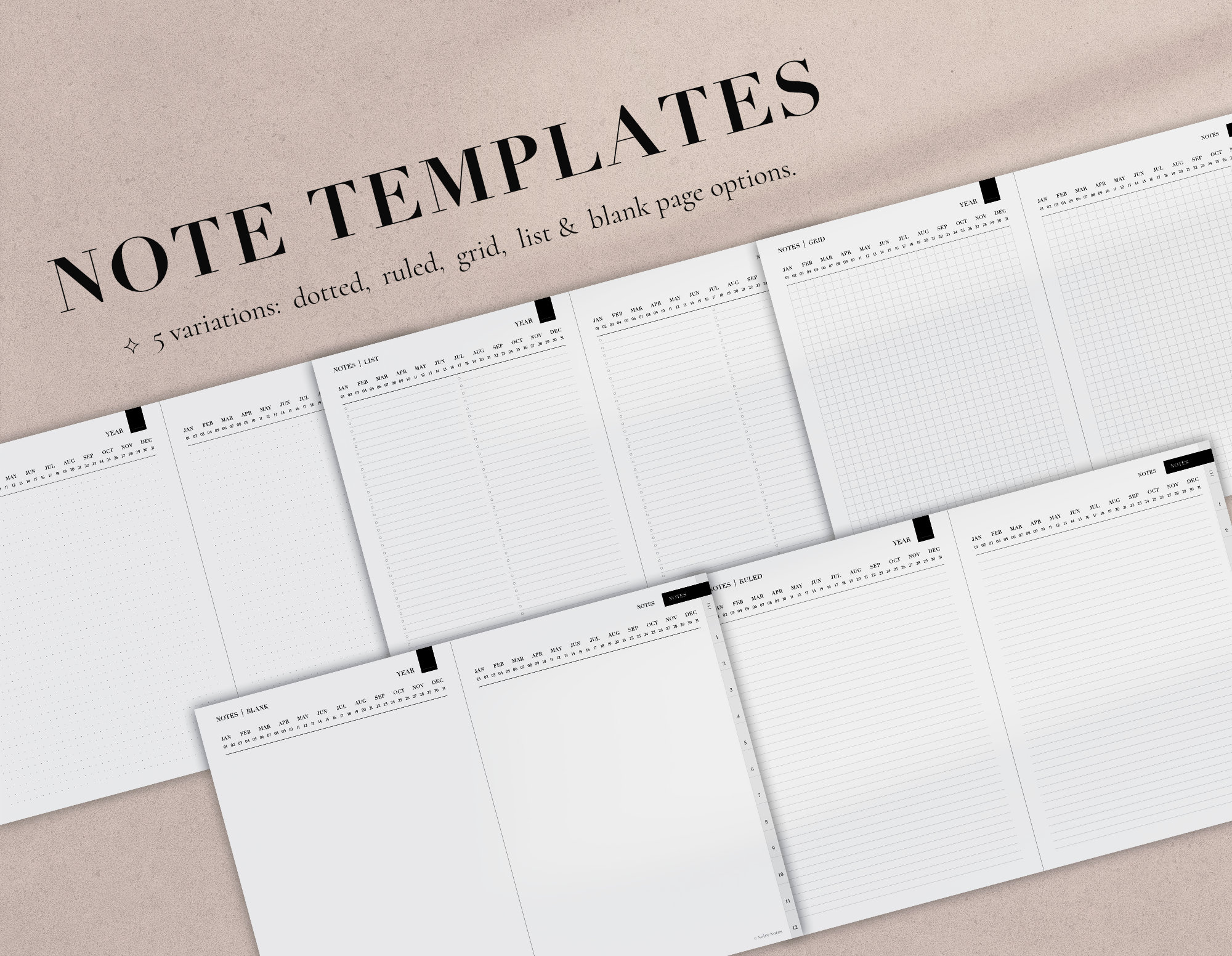 Landscape Digital Notebook B&W, Hyperlinked Tabs, Note Templates for ...