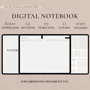 Landscape Digital Notebook B&W, Hyperlinked Tabs, Note Templates for iPad GoodNotes Notability Notebook, Digital Notetaking, Bonus stickers