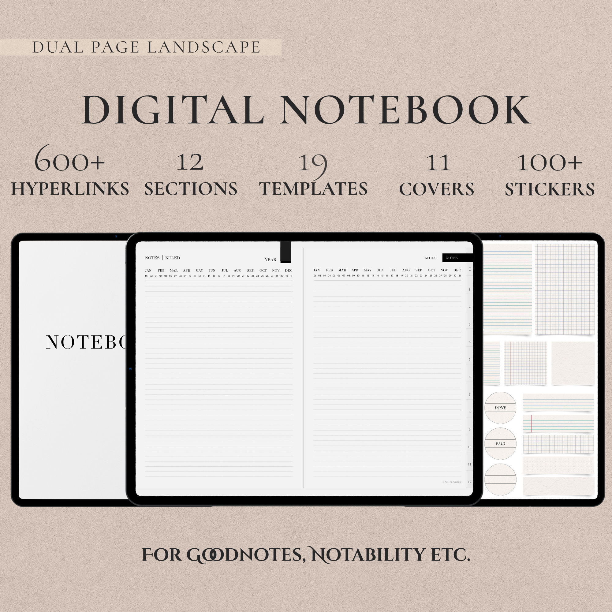 Landscape Digital Notebook B&W, Hyperlinked Tabs, Note Templates for ...