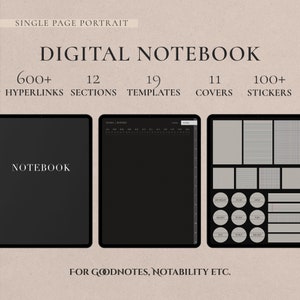 Dark Mode Portrait Digital Notebook, Hyperlinked Tabs, Note Templates for iPad GoodNotes Notability Notebook, Digital Notetaking, Bonus