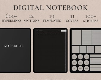 Dark Mode Portrait Digital Notebook, Hyperlinked Tabs, Note Templates for iPad GoodNotes Notability Notebook, Digital Notetaking, Bonus