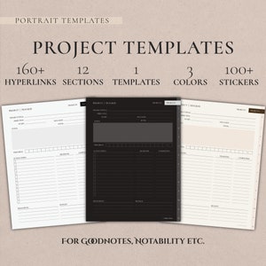 May include: Three project tracker templates for Goodnotes, Notability, and other note-taking apps. The templates feature a black and white design with a dark grey, light grey, and white colour scheme. Each template includes sections for project title, objective, start date, due date, notes, action steps, deadline, completed, resources, and budget.